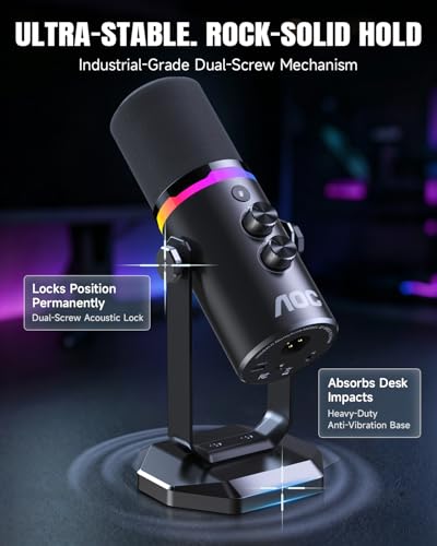 AOC USB/XLR Dynamic Microphone for PC Gaming, Podcast & Recording, Dual-Mode RGB Mic& Streaming Vocal Gear with Heavy-Duty Desk Stand, Clicky Mute, 7.5ft USB & 6.5ft XLR Cables Included