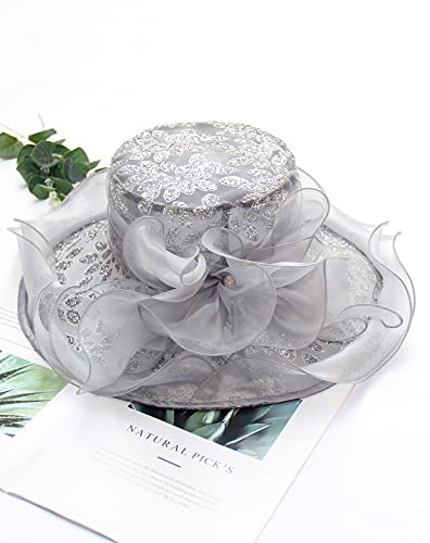 Women Derby Fascinator Hat Organza Church Wedding Hats Wide Brim Cocktail Tea Party Hat - color: 06 Grey