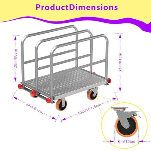 40"x24" Drywall Cart & Lumber Panel Truck, 3000 lbs | 2mm steel platform truck, 4 handrails, 6" swivel brake wheels, dolly for plywood moving - size: 8.35*26.2*39.8IN