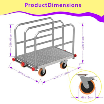 40"x24" Drywall Cart & Lumber Panel Truck, 3000 lbs | 2mm steel platform truck, 4 handrails, 6" swivel brake wheels, dolly for plywood moving - size: 8.35*26.2*39.8IN