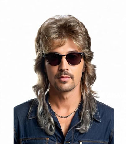 Men's 80s Mullet Wig - 80s Outfit Wig for Men, Retro Costume Wig for Halloween Theme Party Cosplay Daily Wear (Mdeium Ash Brown) - color: 8002-Light Brown