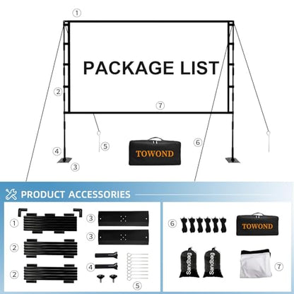 TOWOND Projector Screen and Stand, 100 inch Outdoor Projector Screen Indoor, Portable Movie Screen 16:9 4K Front Rear Projection Screen with Carry Bag Wrinkle-Free Design for Home Backyard Theater