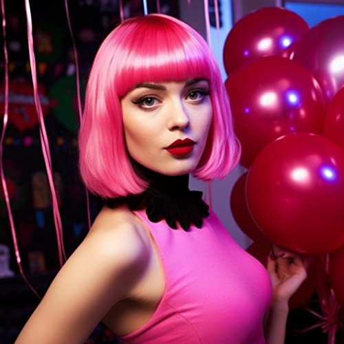LIULIUBTY Short Bob Hair Wigs Straight with Flat Bangs Synthetic Colorful Cosplay Daily Party Neon Wig for Women + Free Wig Cap 14" Natural As Real - color: Pink