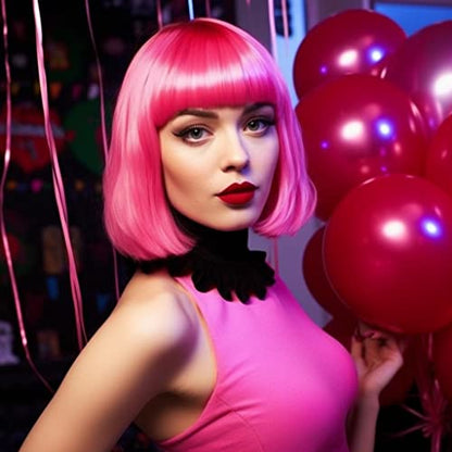 LIULIUBTY Short Bob Hair Wigs Straight with Flat Bangs Synthetic Colorful Cosplay Daily Party Neon Wig for Women + Free Wig Cap 14" Natural As Real - color: Pink