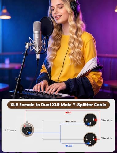VIOY XLR Y Splitter Cable 10 FT, 3Pin Balanced 1 Female to 2 Male Mic Cord | 3-pin shielding XLR splitter, self-locking XLR plug, aluminum shell, nylon braided cord for studio recording and podcast use - size: 10FT