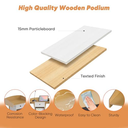Portable Podium Stand with Metal Wheels, Rolling Podium with Drawer and Adjustable Shelf, Mobile Pulpit for Church, Wooden Lectern for Classroom Office Restaurant Conference (Oak White) - color: Oak+white