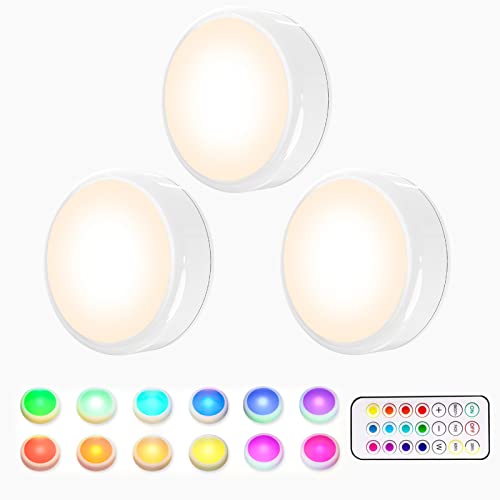 HELPLEX LED Puck Lights with Remote, 3 Pack Color Changing RGBW Stick-On Light, Battery Powered, Dimmable Under Cabinet Lighting with Timer & Memory, Wireless Push Lights for Kitchen & Closet - color: White, size: 3 Pack