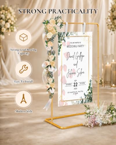 Wedding Sign Holder - Adjustable Welcome to Our Wedding Sign Stand Stand with 39 Premium Templates & Leather Straps, 64"x 30"x 20" Heavy Duty Easel Stand for Sign Display Poster, Wedding, Birthday - color: Gold