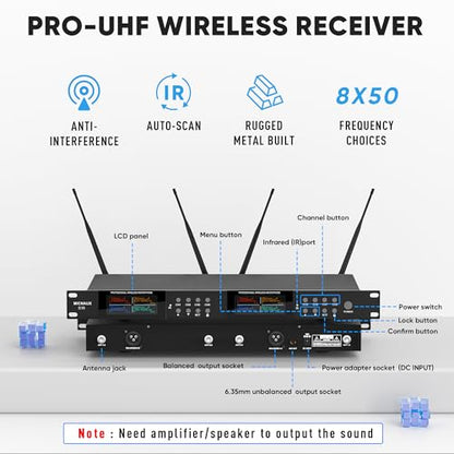 Wireless Microphone System, Pro 8 Channel UHF Mics Set with Metal Cordless Handheld Mics & Receiver, 200 Adjustable Frequency, 300ft Range for Singing, Church, Karaoke, Party - size: 8 Mics