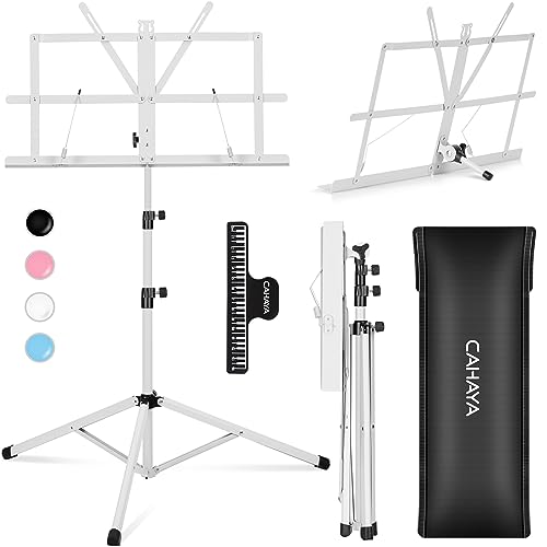 CAHAYA Sheet Music Stand Portable Folding Dual Use Desk Book Holder White | Lightweight Stable Reinforced with Carrying Bag Clip for Student Musicians Travel Practice Height Adjust up to 54.3" - color: White, style: Standard Version