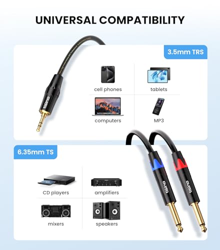Tisino 1/8" to 1/4" Stereo Cable, Dual 1/4" to 3.5mm Audio Cable, 3.3FT/1m | 1/8" TRS Stereo to Dual 1/4" TS Mono Audio Y-Splitter Cable for Phone, Mixer, Speaker, Amp, Gold-Plated 20 AWG OFC - size: 3.3 feet