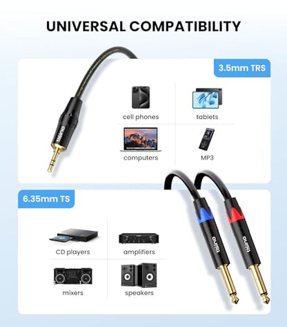 Tisino 1/8" to 1/4" Stereo Cable, Dual 1/4" to 3.5mm Audio Cable, 10FT/3m | Dual 1/4" TS to 3.5mm Audio Adapter Cable for Phone/Laptop to Mixer/Speaker/Amp, 20AWG Gold-Plated OFC - size: 10 feet