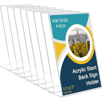 Qilery 8 Pcs Acrylic Sign Holder Clear Display Stand Frame Table Top Slant Back Plastic Sign Holder Flyer Document for Menu Workers Teachers Office School Desktop (11 x 17 Inch)