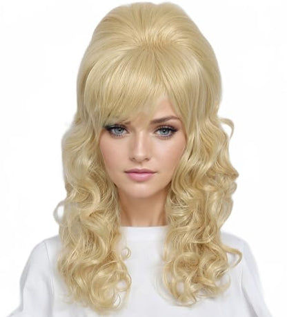 Linfairy Long Wavy Blonde Mixed Wig Big Bouffant Beehive Wigs for Women fits 50s 80s Costume - color: Blonde Mixed