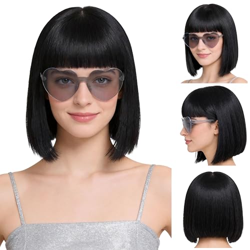 Short Bob Straight Hair Wigs with Bangs, Heat Resistant Fiber Hair, Heart-shaped Glasses for Women (Black) - color: Black