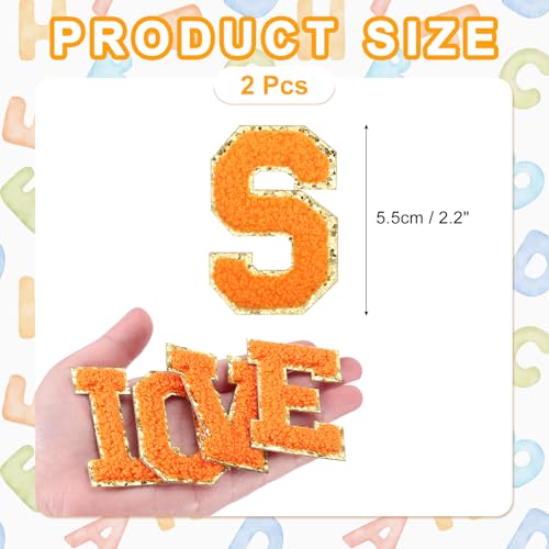 MECCANIXITY Chenille Letter Patches 2.2" Self Adhesive Alphabet S Stick on Embroidered Patch Sew on Letter Stickers Applique for Repairing Clothing Jeans Shoes Hats DIY(Orange, Pack of 2) - style: Letter-S