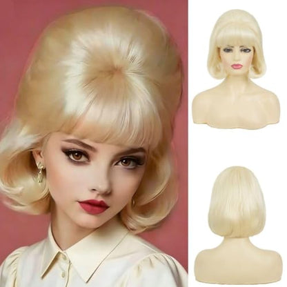 Blonde Beehive Wigs for Women Short Curly Retro Wig With Bangs 50s 60s Bouffant Cosplay Costume Party Halloween Hair Wig - color: Short Blonde