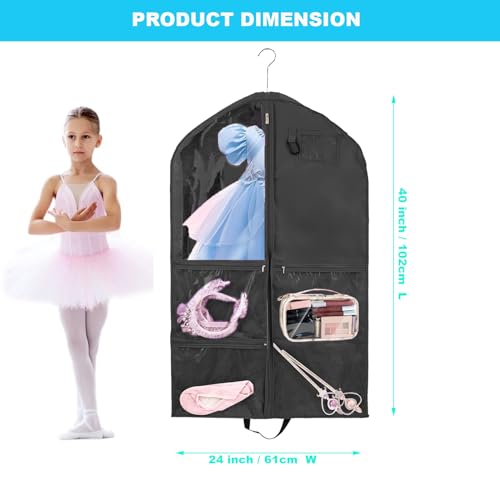 40Inch Garment Bag for Hanging Clothes, Waterproof Dance Costume Bags, Gusseted Hanging Garment Bags for Travel Storage, Kids Garment Bag, Garment Bag for Dance Competitions（Black-2 pack)