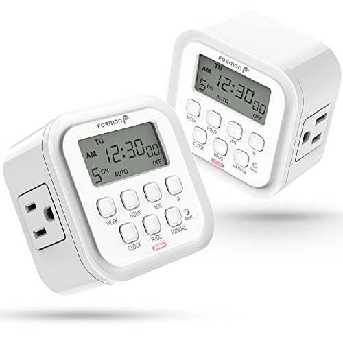 Fosmon 7 Day Digital Timers for Electrical Outlets, Indoor Plug-in Light Timers Switch Programmable, Electric Wall Plug for Lamp, Grow Reptile Lights, Aquarium, 15A/1875W, Grounded- 2 Pack - style: 7 Day Timer with Random Function - 2 Pack