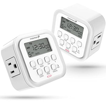 Fosmon 7 Day Digital Timers for Electrical Outlets, Indoor Plug-in Light Timers Switch Programmable, Electric Wall Plug for Lamp, Grow Reptile Lights, Aquarium, 15A/1875W, Grounded- 2 Pack - style: 7 Day Timer with Random Function - 2 Pack