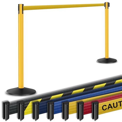 Prime 10' Long Outdoor Weather Resistant Retractable Belt Stanchion 2 Pk, 40” Tall No-Tools Assembly Crowd Control Barriers (Yellow Alumnium Post w/Yellow Belt) | Commercial Grade Outdoor Retractable Belt Stanchions, PRIME, Cement Base, Tool-Free, Crowd C