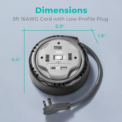 KMC 3-Outlet Surge Twist Cord Reel, USB-C & USB-A Ports, Retractable Power Strip Surge Protector, 735J Surge Protection, 5ft Retractable Extension Cord, 3-Prong Flat Plug, UL/ETL Certified, Gray