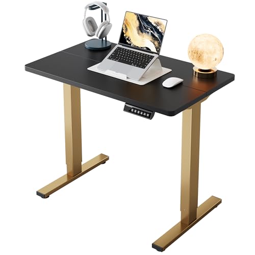 HUANUO 32" Small Electric Standing Desk Adjustable Height, 4 Memory Height Settings, Sit Stand Up Desk for Home Office & Computer Workstation, Black and Gold Frame | 176 Lbs Capacity, Rounded Corners, Wheel-Ready Feet, Compact Desktop, Apartment Workspace