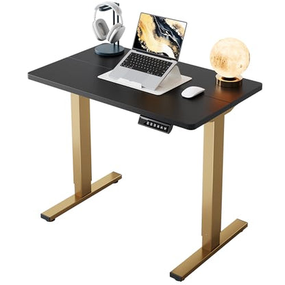 HUANUO 32" Small Electric Standing Desk Adjustable Height, 4 Memory Height Settings, Sit Stand Up Desk for Home Office & Computer Workstation, Black and Gold Frame | 176 Lbs Capacity, Rounded Corners, Wheel-Ready Feet, Compact Desktop, Apartment Workspace