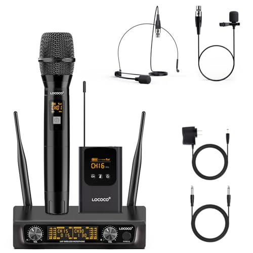 UHF Wireless Microphone System Set: Metal Cordless Handheld/Headset/Lavalier Lapel Mics, Bodypack Transmitter, Receiver - 2*15 Channels 200ft Range for Church, Karaoke Singing, DJ, Wedding, Speech - color: Black3