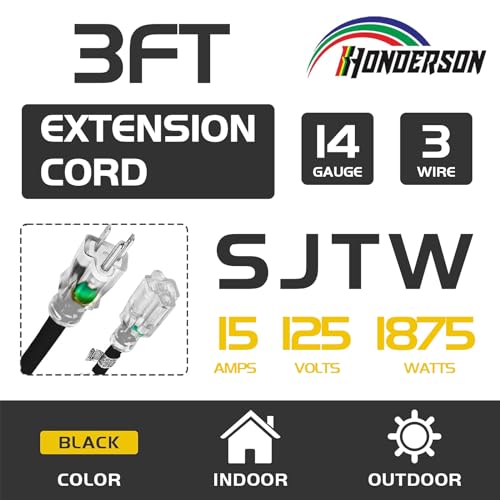 3 Ft Black Outdoor Extension Cord Lighted End Weatherproof 14 Gauge | UL Certified 14/3 SJTW Cable, 15A Rated, Designed for Lights, Lawn Tools and Outdoor Applications - size: 3FT, style: 14/3