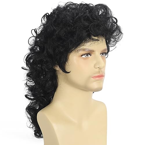 Curly Mullet Wigs for Men 80s Black Long Curly Wigs Hippie Rocking 80s Party Cosplay Costume Anime Heat Resistant Synthetic Hair Wig 70's Wig - color: E-Black