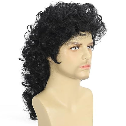 Curly Mullet Wigs for Men 80s Black Long Curly Wigs Hippie Rocking 80s Party Cosplay Costume Anime Heat Resistant Synthetic Hair Wig 70's Wig - color: E-Black