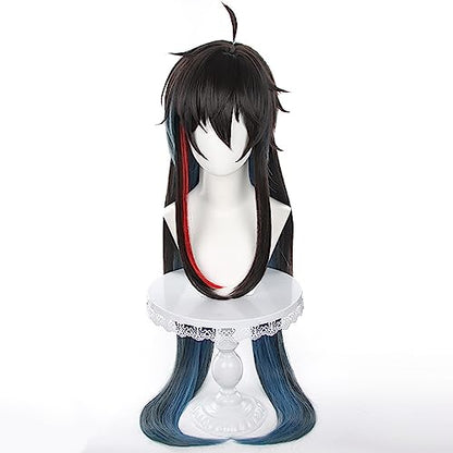 Anime Black Blue mixed Red Wigs Men Long Straight Wig with Ahoge Bangs Layered Haircut Adult Game Dragon Lunae Cosplay Wigs Halloween,Christmas,Comic con,Game Show,Party - color: Black Blue