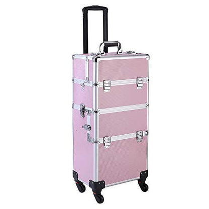 mefeir 3 in 1 Rolling Makeup Train Case, Large Cosmetic Trolley with 360° Rotation Wheels & 2 Drawers, Professional for Makeup & Tattoo Artist & Hairstylist - color: Pink