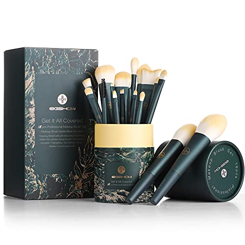 EIGSHOW Makeup Brushes 18pcs Professional Makeup Brush Travel Set with Eco Cylinder 2Cups Holder, Premium Synthetic Foundation Powder Concealer Blush Blending Eye Lip Brush Kit - Cruelty Free - color: Shaded Spruce