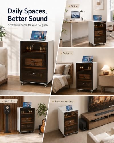 4-Tier White Media Cabinet with Glass Door & Adjustable Shelves | 198 lb Capacity, Clear Tempered Glass with Metal Frame, Ventilated Design, Cable Management, and Locking Caster Wheels - color: White, size: 4-tier