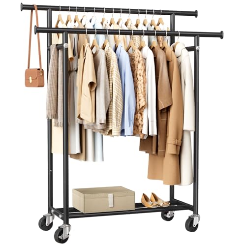 HYSEYY Clothes Rack, Double Rods Rolling Clothing Rack for Hanging Clothes, Portable Garment Rack with Wheels, Coat Rack Wardrobe Closet Load 240 LBS for Bedroom Laundry Room (Black, L) - color: Black