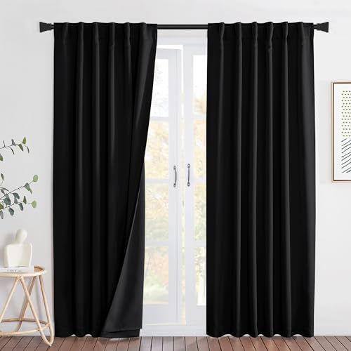 NICETOWN Sound Blocking and Heavy-Duty Space Divider Curtains with Back Tab, Lined Insert Noise - Blackout - Thermal Insulation Drapes for Room Divider/Space Solutions/Living Room(Black, 84" Long) - color: Black Back Tab, size: 52"W x 84"L (Pack of 2)