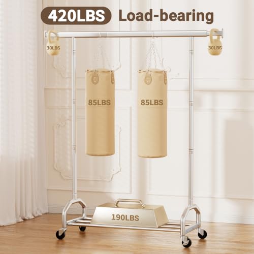 Heavy Duty Rolling Clothing Rack, 420 lbs Capacity Metal Clothes Rack with Wheels, 65" Tall Freestanding Hanging Rack for Bedroom, Laundry Room, Retail Display, Chrome - color: Chrome
