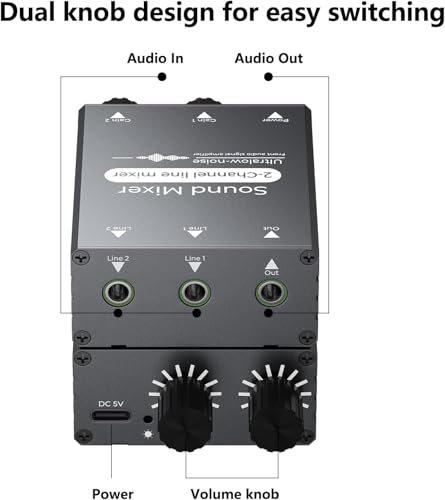 2 Channel Stereo Audio Mixer - 3.5mm Mini Mixers Audio with Dual Volume Control Knobs, Aluminum Shell, 2 in 1 Out Small Audio Switch for PC Headphone Speaker Monitor Projector Live Streaming
