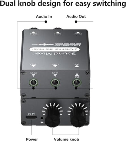 2 Channel Stereo Audio Mixer - 3.5mm Mini Mixers Audio with Dual Volume Control Knobs, Aluminum Shell, 2 in 1 Out Small Audio Switch for PC Headphone Speaker Monitor Projector Live Streaming