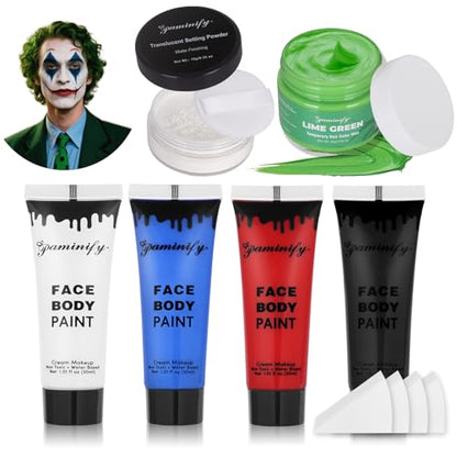 Halloween Joker Clown Makeup Kit,Red White Blue Black Face Body Paint+Lime Green Temporary Hair Dye+Setting Powder+4 pcs sponge,Face Painting for Clown Skull Cosplay Costume SFX Makeup Set - color: Joker makeup kit