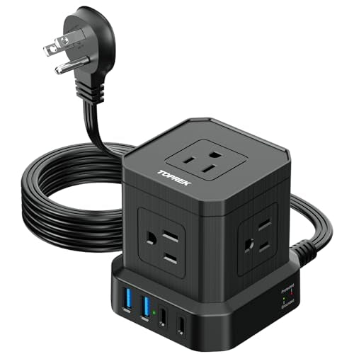 TOPREK Power Strip with USB, USB C (3.0A) Power Strip with 5 Outlets, 2 USB-C & 2 USB-A, 5 FT Flat Extension Cord with Ultra Thin Flat Plug, Surge Protector Compact for Home Office, Dorm, Hotel Travel - color: Black-5FT