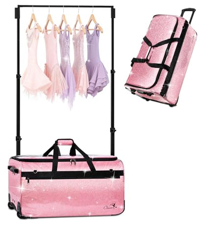 Dance Bag with Garment Rack and Curtain | 28" Sparkling Dance Competition Duffle Bag with Rack & Wheels | Upgraded Stable System | Ideal Rolling Dance Suitcase for Dancer Cheerleader Gymnast Traveler - color: 28" Sparkling Pink