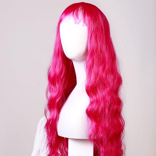 Rose Purple Curly Wig with Bangs for Women, 31 Inch Colorful Synthetic Cosplay Wig, Natural Looking Wig with Wig Cap for Parties and Dress Up - color: Rose mixed Purple