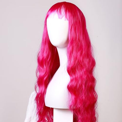 Rose Purple Curly Wig with Bangs for Women, 31 Inch Colorful Synthetic Cosplay Wig, Natural Looking Wig with Wig Cap for Parties and Dress Up - color: Rose mixed Purple
