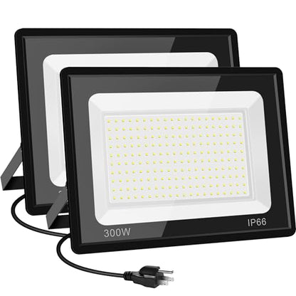 2 Pack 300W LED Flood Light Outdoor,2000W Equivalent 36000LM 6000K Daylight White Super Bright FloodLight with Plug,IP66 Waterproof Commercial Lighting for Sports Fields,Counts,Arena,Stadium - size: 300w-2pack