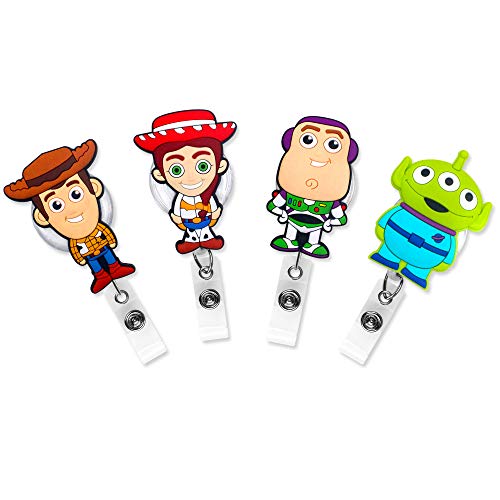 4 Pcs Set Movie Characters Retractable Badge Holder ID Name Badge Reel Clip On Card Holders Buzz Lightyear Woody Jessie Green Alien - color: Multi Ts
