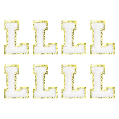 MECCANIXITY Chenille Letter Patches 2.2" Self Adhesive Alphabet L Stick on Embroidered Patch Sew on Letter Stickers Applique for Repairing Clothing Jeans Shoes Hats DIY(White, Pack of 8) - style: Letter L