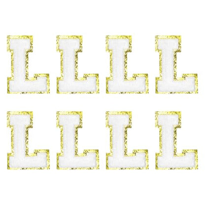 MECCANIXITY Chenille Letter Patches 2.2" Self Adhesive Alphabet L Stick on Embroidered Patch Sew on Letter Stickers Applique for Repairing Clothing Jeans Shoes Hats DIY(White, Pack of 8) - style: Letter L